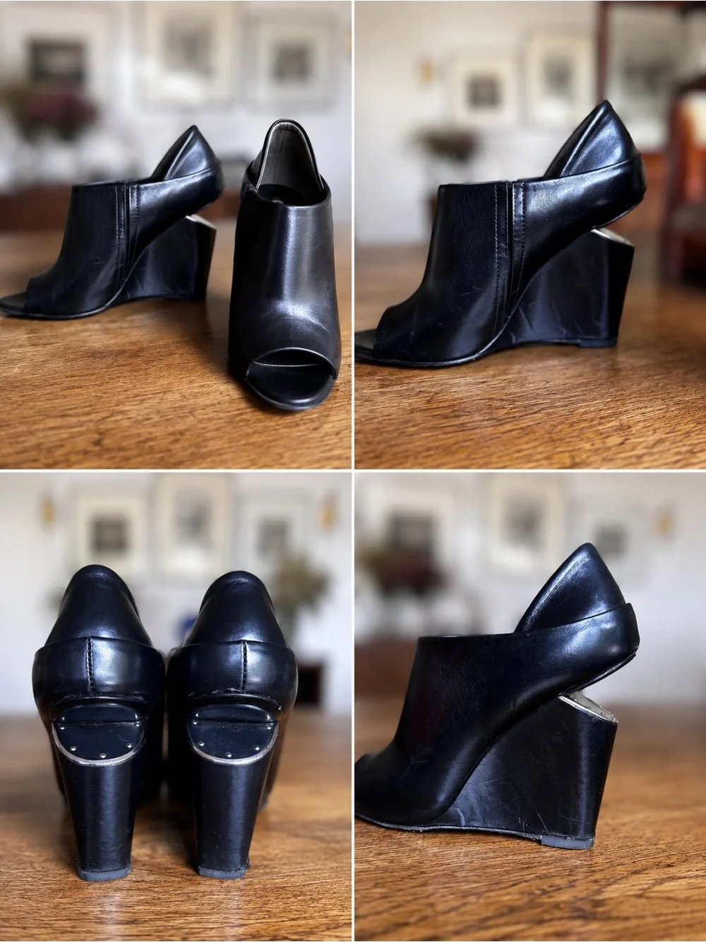 Alexander Wang Alla Black Leather Peep Toe Cutout Wedge Booties 36.5 US 6.5